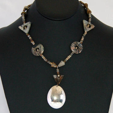 60's 925 sterling silver zebra jasper brass copper mystic hippie affixed Y pendant, mixed metal geometric stones tribal statement necklace 