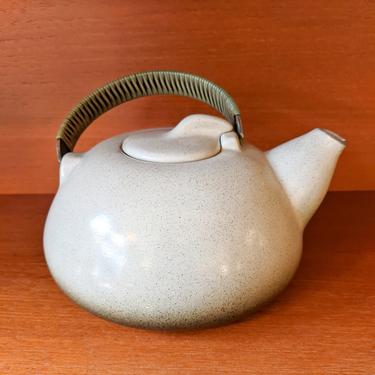 1940s ceramic teapot with lid by edith heath in speckled tan and copper-handled (CON-0778)
