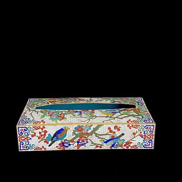 Vintage Fine Brass and Enamel CLOISONNE Tissue Box with Birds and Flowers Theme 