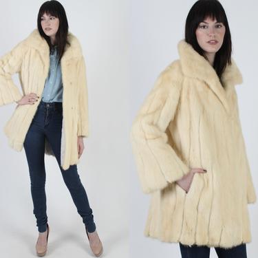 Womens Blonde Mink Coat / Vintage 70s Beige Fur Jacket / Genuine Plush Ivory Fur Collar / Authentic Leather Inlay Opera Jacket 