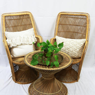 SHIPPING NOT FREE! Vintage Wicker Seating Set of 2 Medium Peacock Chairs+ Table with glass top/ Local P/U Chicago area or Your Shipper!!! 
