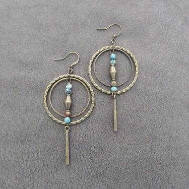 Hoop earrings, bohemian boho, etched bronze and turquoise, mid century modern earrings, bold statement earrings, artisan unique earrings 