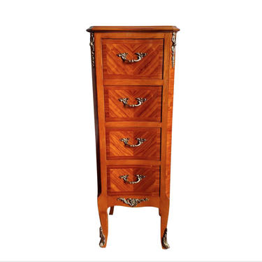 Mid-Century French Louis XV Style Ormulu Mounted Tall Chest Of Drawers Side Cabinet / Lingerie or Jewelry Chest Nightstand - Restored 