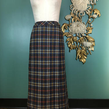 plaid wool skirt, vintage wrap skirt, midi skirt, faconnable skirt, medium, fall fashion, blue and orange, kilt style, classic staple, 30 