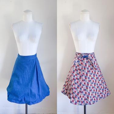 Vintage 1970s Patchwork Print & Denim Reversible Wrap Skirt / XS 