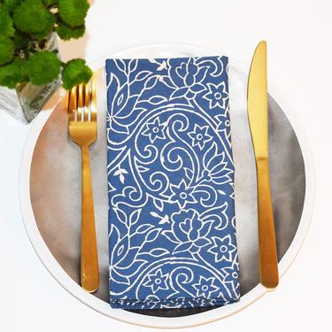 Block Printed Cotton Napkins, Set of 4 Hand Blocked Napkins, Modern Home Decor, Table Setting, Floral Print, Dining Room, Periwinkle Blue 