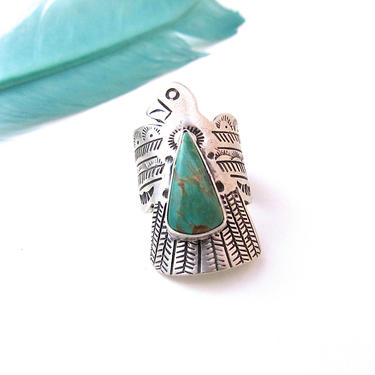 RUSSELL SAM Thunderbird Silver and Turquoise Ring | Large Sterling Ring, Fred Harvey Era Style Jewelry | Native American  Navajo | Size 8.25 