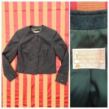 vintage Pendleton blazer - 80s blazer / forest green wool - Pendleton wool jacket / preppy blazer / fitted &amp; cropped blazer - holiday blazer 