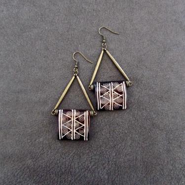 Large bone earrings, carved batik print earrings, geometric bronze earrings, boho chic, African Afrocentric earrings, tribal ethnic earrings 