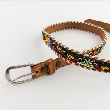 Kids Vintage Souvenir Beaded Belt, Boy or Girl Southwestern Style Leather Belt with Thunderbird Teepees Arrows 