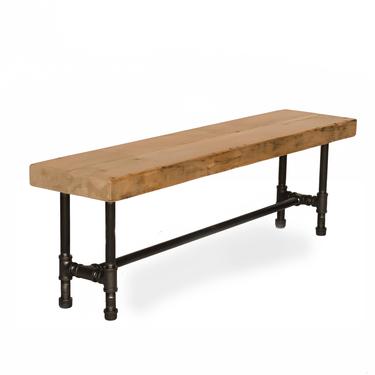 Farmhouse Bench made with reclaimed wood and iron pipe base.  Choose size, wood thickness, and finish. 