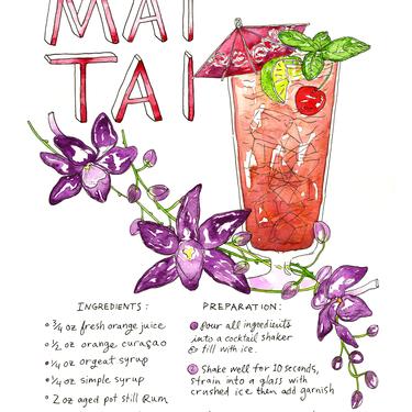Cocktail Mai Tai Illustrated Recipe Art Print