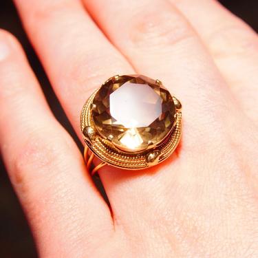 Vintage 14K Gold Smoky Quartz Cocktail Ring, Large Round-Cut Gemstone, Ornate Woven Yellow Gold Setting, 585 Jewelry, Size 8 1/2 US 