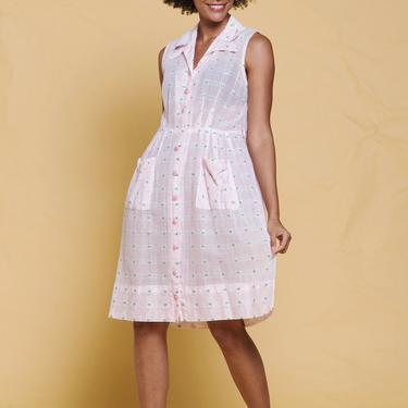 sheer cotton pocket shirt dress pink gauze floral plaid pleated sleeveless vintage 60s MEDIUM LARGE M L 