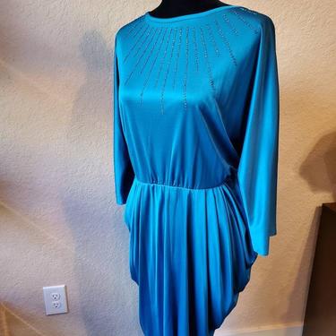 Vintage dress teal blue with draped accents by Marbella Califirnia, 1970's 