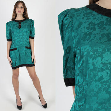 Teal Silk Dress / 80s Green Shadow Floral Dress / Black Trim Patch Pockets / Menswear Shift Wiggle Cocktail Party Mini Dress 