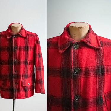 Vintage 1940s Woolrich Style / Vintage Wool Buffalo Plaid Jacket / 1940s Woolrich Hunting Jacket /Vintage Red and Black Plaid Jacket Small 