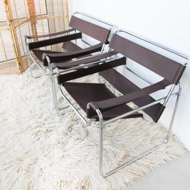 Set of 2 Chrome Base Leather Strap MidCentury Modern Style Sling Back Leather Lounge Chairs 