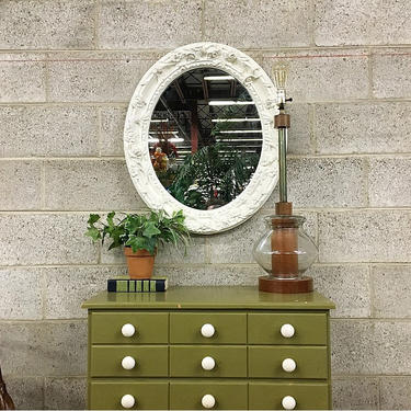 LOCAL PICKUP ONLY Vintage Wall Mirror 1960's Retro Size 25x28 Large Oval Shape with Carved Wood Frame White with Flowers Hanging Mirror 