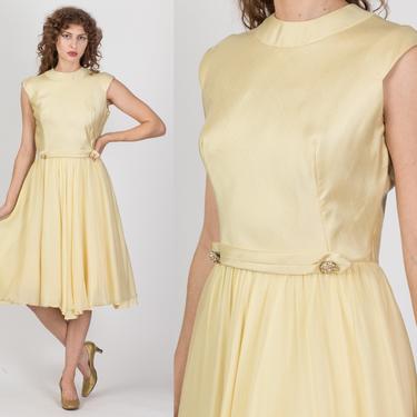 60s Canary Yellow Abe Schrader Party Dress - Medium | Vintage Sleeveless Lettuce Hem Fit & Flare Midi Dress 