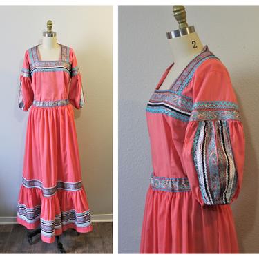 Vintage 1960s 60s Jeanette's Southwest Coral Pink Patio two piece blouse skirt dress circle floor length southwestern  //  Size XL XLL 
