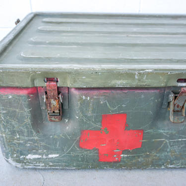 Aluminum Industrial Vintage Latching Military Metal Medic Box with Original Hardware and Graphics 