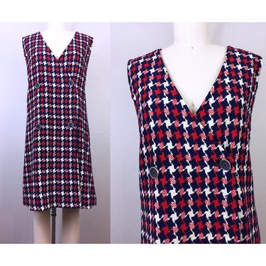 Vintage 60s MOD Houndstooth Dress Wool Red White Blue 1960s L/XL 