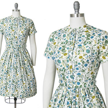 Vintage 1950s Dress | 50s Floral Cotton Shirt Dress White Botanical Full Skirt Shirtwaist Day Dress (small/medium) 
