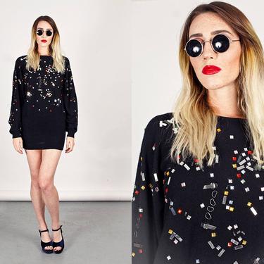 80s Sequin Sweater Dress Vintage Black Colorful Beaded Sweater Dress 