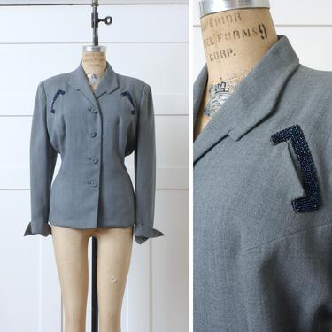 womens volup vintage 1940s 50s wool blazer • tailored waist gray suit jacket with blue beaded accents 