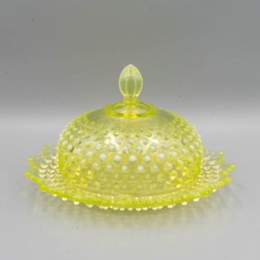 Fenton Topaz Opalescent Hobnail Butter Dish | Vintage Uranium Glass Vaseline Glass Kitchenware | Plate and Cloche 