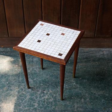 1960s Walnut + Marble Tile Plant Stand Side Table Pedestal Vintage Mid-Century Modern 