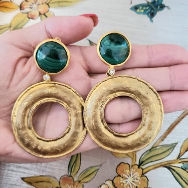 Designer Leslie Block Stunning Malachite and Hammered Gold Earrings
