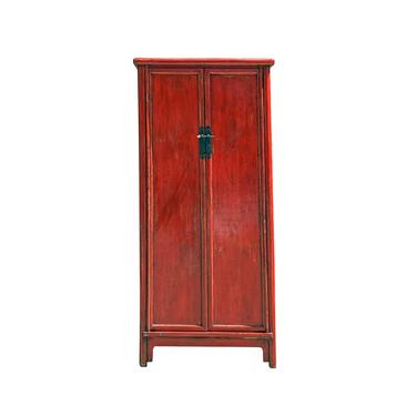 Chinese Oriental Distressed Red Lacquer Slim Storage Cabinet cs6106E 