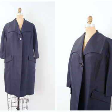 vintage 1950s shantung silk jacket - 1940s ladies cocktail coat / 50s navy blue dress coat - striped lining / 50s silk jacket 