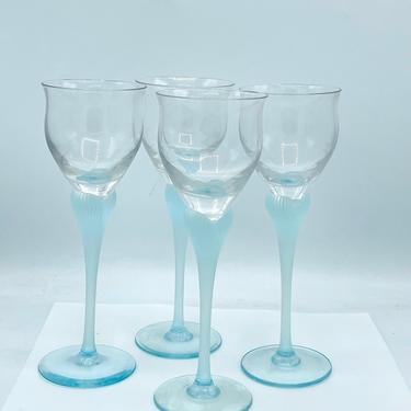 Vintage set of Four (4)  1988 Mikasa Aqua Sea Mist Crystal Wine Glasses with Aqua Blue Frosted Stem 