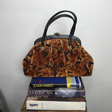 Vtg 60s chenille velvet burnout floral handbag purse bag 