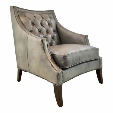 Henredon Transitional Gray Tufted Leather Arabella Club Chair