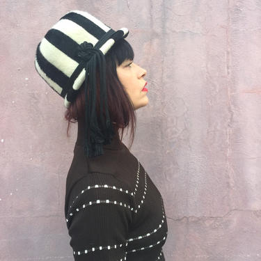 60s cloche hat | black and white striped mohair wool hat | 1960s mod op art hat with tassel 