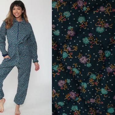 Quilted Pajama Jumpsuit Blue Floral Lounge Pants Women Sleep Pajama Jumpsuit 70s PJs Retro Vintage Adult Pajamas Medium 