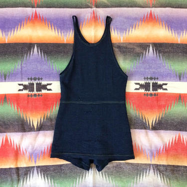 Vintage 1920s 1930s Navy Blue Wool 1pc Bathing Suit w/ Free-Land Button 