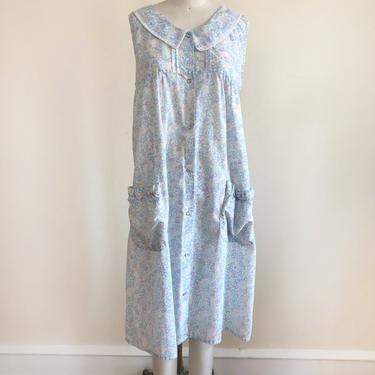 Light Blue Floral Print Nightgown/House Dress - 1980s 