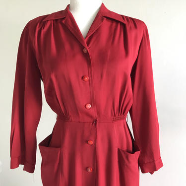 1940s Western Yoke Working Girl Cherry Red Rayon Gabardine Dress Vintage 36 Waist 