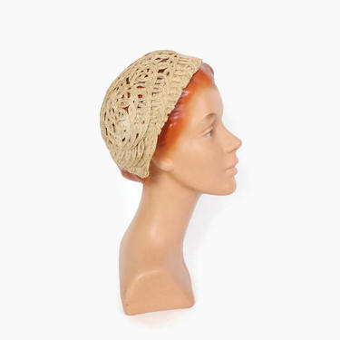 Vintage 40s Straw Crochet HAT / 1940s Fitted Ivory Woven Lacy Straw Cap 