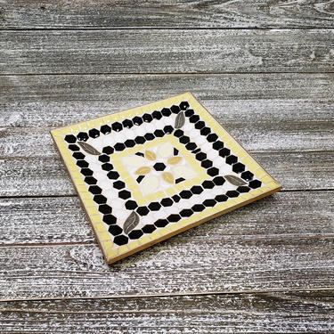 Vintage Mosaic Tile Tray, Knick Knack Tray, Retro 1960s Flower Loose Change Dish, Black Yellow &amp; White Flower, Catch All, Vintage Home Decor 