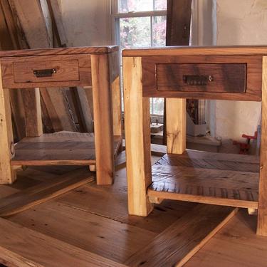 Rustic Parsons Style End Tables with Drawer, Shelf and Vintage Pulls 