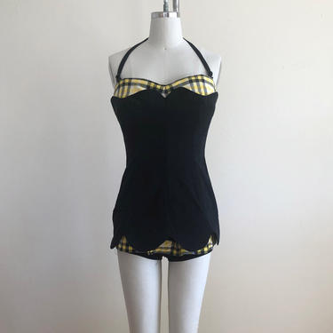 Black and Yellow Plaid-Trimmed Swimsuit - 1950s 