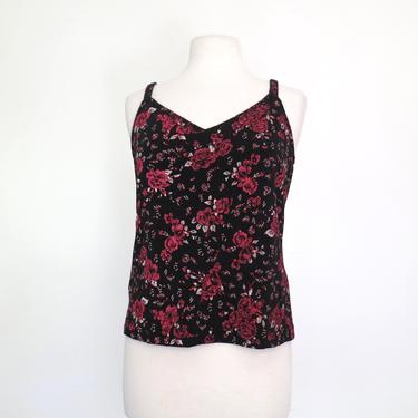 1990s stretchy glitter rose sleeveless blouse with spaghetti straps 