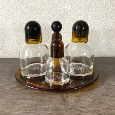 Vintage Bodum Oil Vinegar Salt Pepper Condiment set tray with glass bottles 