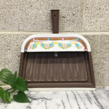 Vintage Dustpan Retro 1960s Ballonoff + Brown and White + Painted Metal with Colorful Flower Design + Metal Handle + Cleaning and Sweeping 